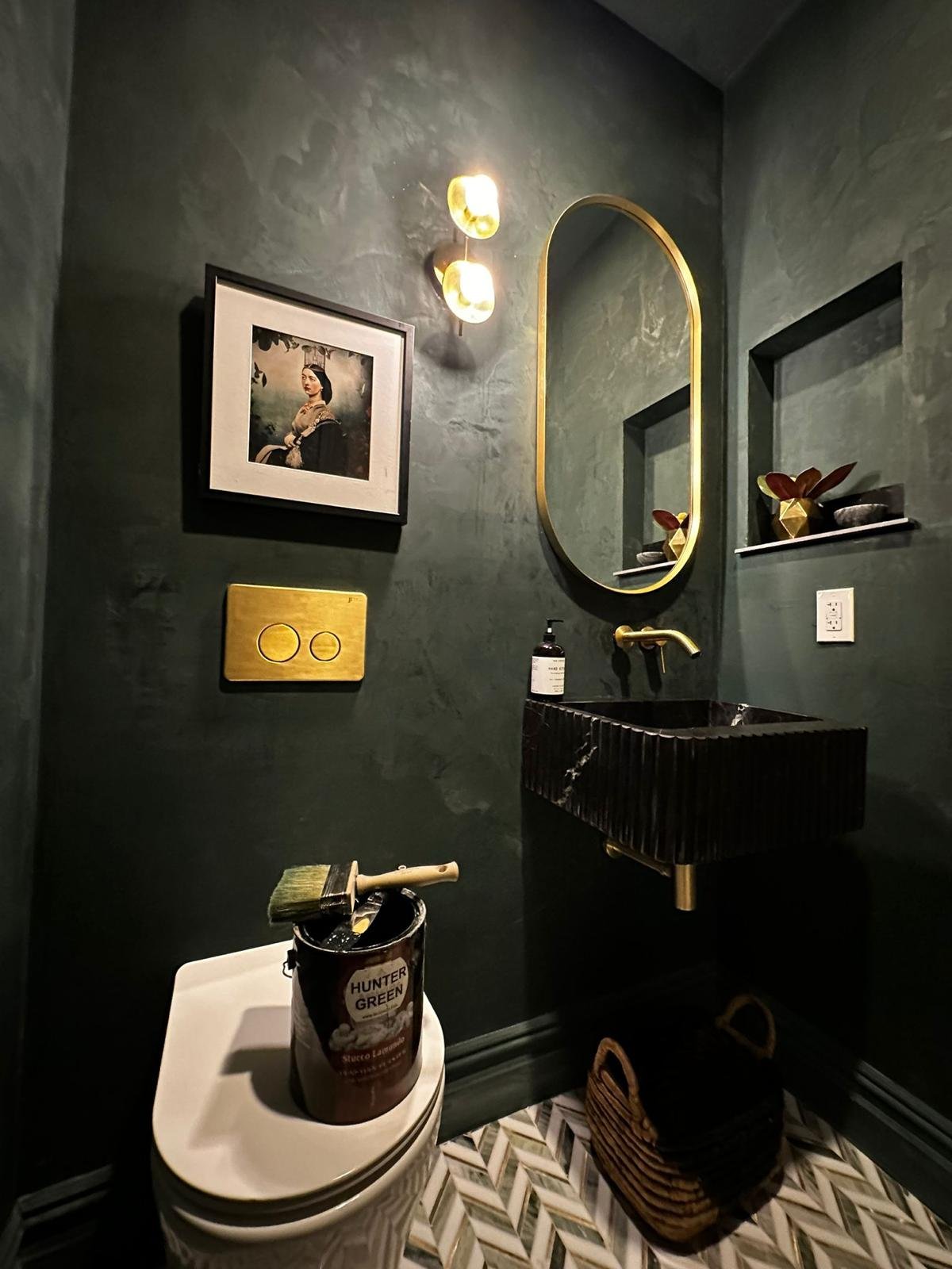 № 052 Park Avenue Powder Room — hunter-green mirror-polished Venetian plaster, 2026 — MarkOn® Walls / Vlad Markov