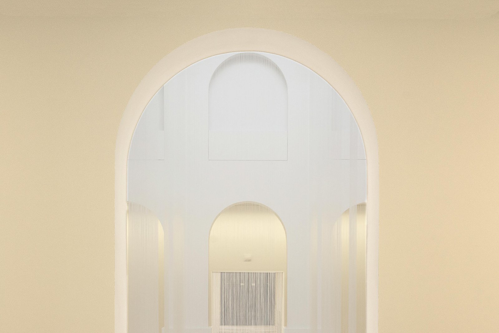 Arched plaster passage with sheer curtains and warm light — the MarkOn® Walls finish library