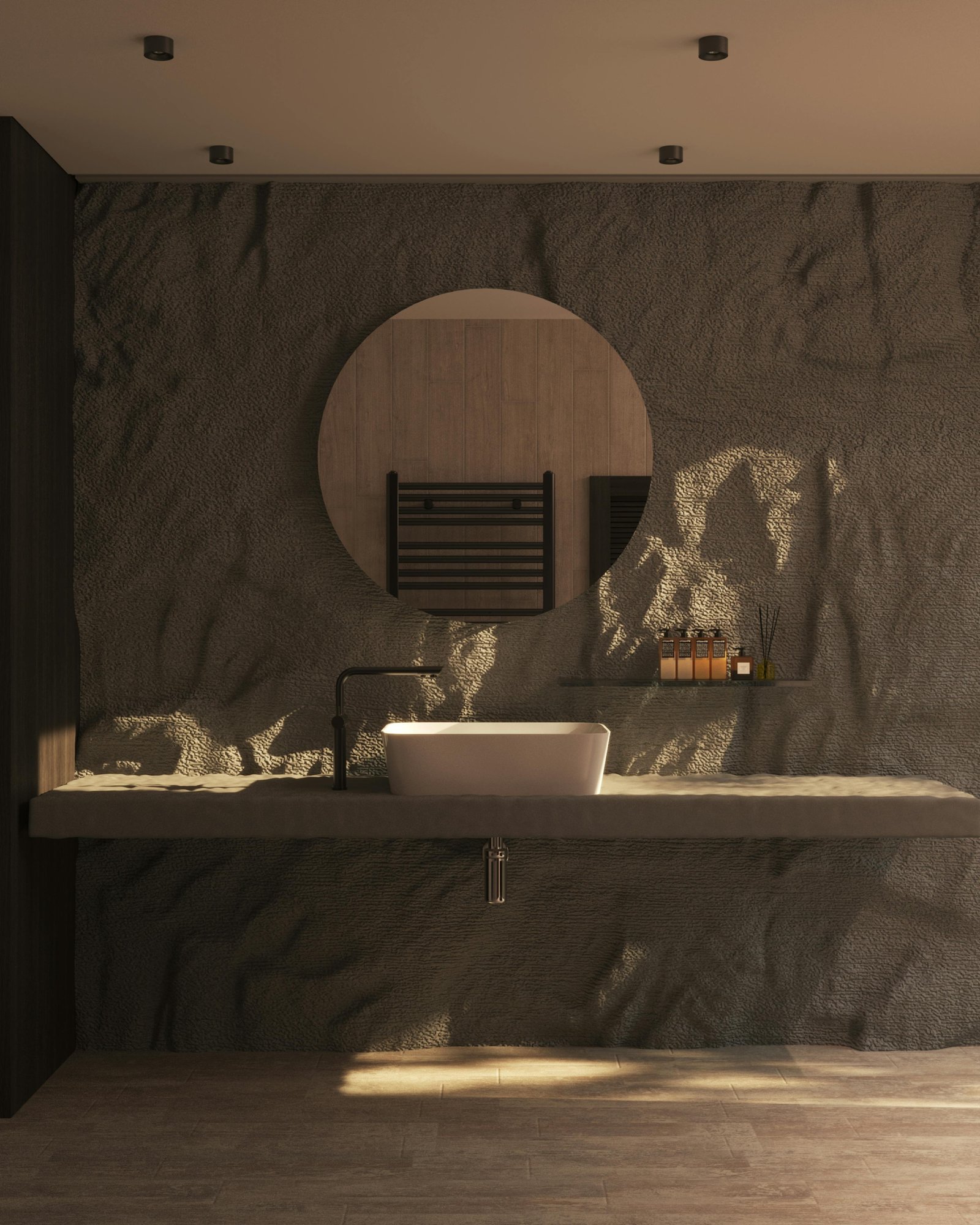 Spa wet room with seamless hand-finished plaster walls — MarkOn® Walls wellness and microcement work